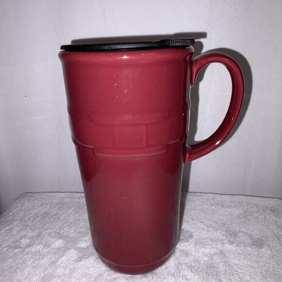 Longaberger Pottery Woven Traditions Tall Paprika Travel Coffee Mug/Cup w/ Lid - Picture 1 of 7